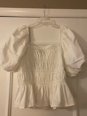 Marc New York White Smocked Top with Embroidered Detail on Puff Sleeves